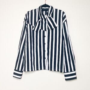 Sister Jane Striped Button Down Top S Black White Bow Tie Shirt Blouse